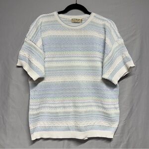 Vintage L.L. Bean Women's Light Blue and White Crewneck Short Sleeve Sweater